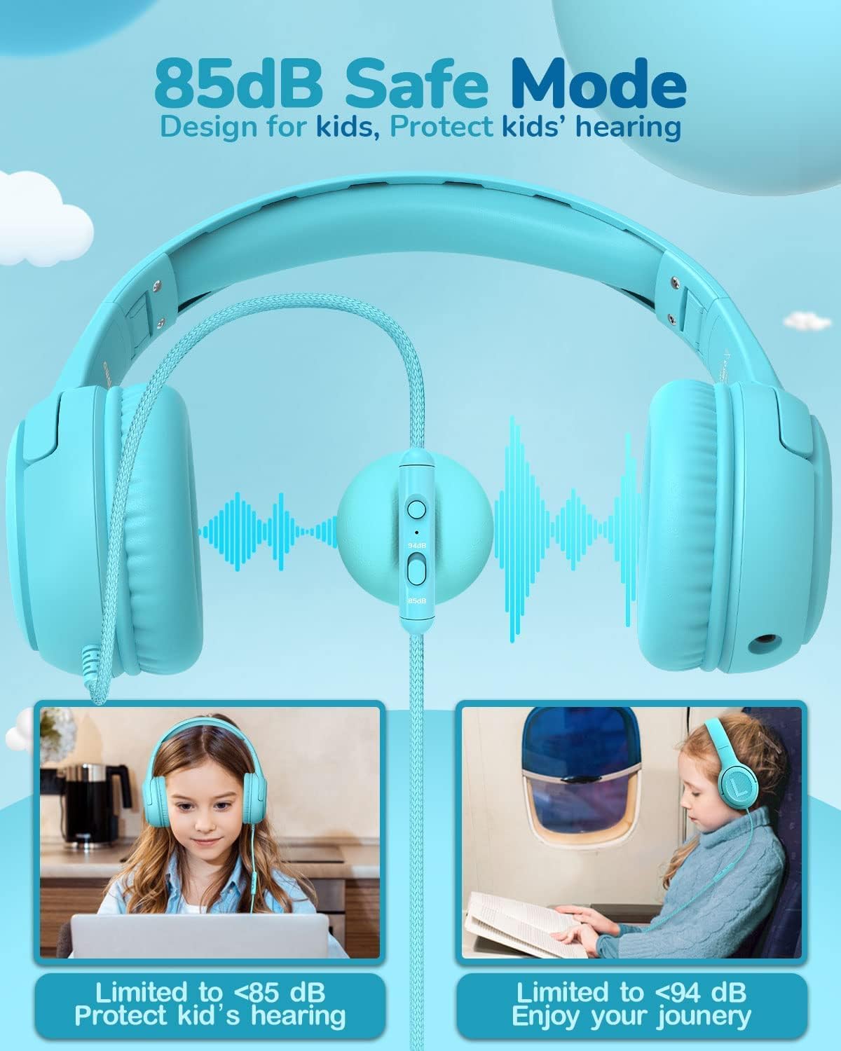awatrue Kids Headphones Wired Toddler Headphones with Microphone, Over-Ear Headphones, 85/94dB Volume-Limiting, 3.5mm Jack, Foldable On-Ear Design - Safe  Comfortable for Learning  Entertainment