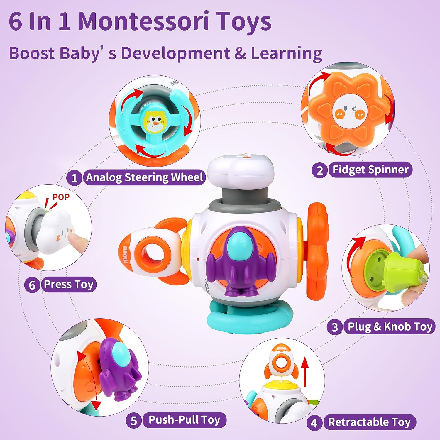 Bestbase Busy Cube Baby Toys for 1 Year Old, 6-in-1 Montessori Toys Toddler Busy Board, Toddler Car Fidget Toys Early Education Sensory Toys for Babies 12+ Months Boy Girl Toddler Toys
