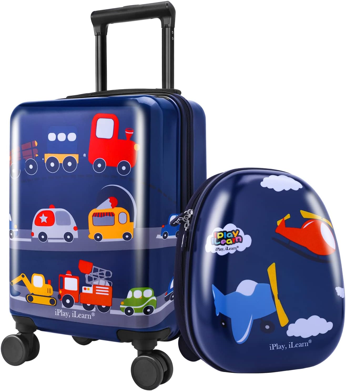 iPlay, iLearn Kids Carry On Luggage Set, 18 Hardside Rolling Suitcase W/Spinner Wheels, Hard Shell Travel Luggage W/Backpack for Boys Toddlers Children