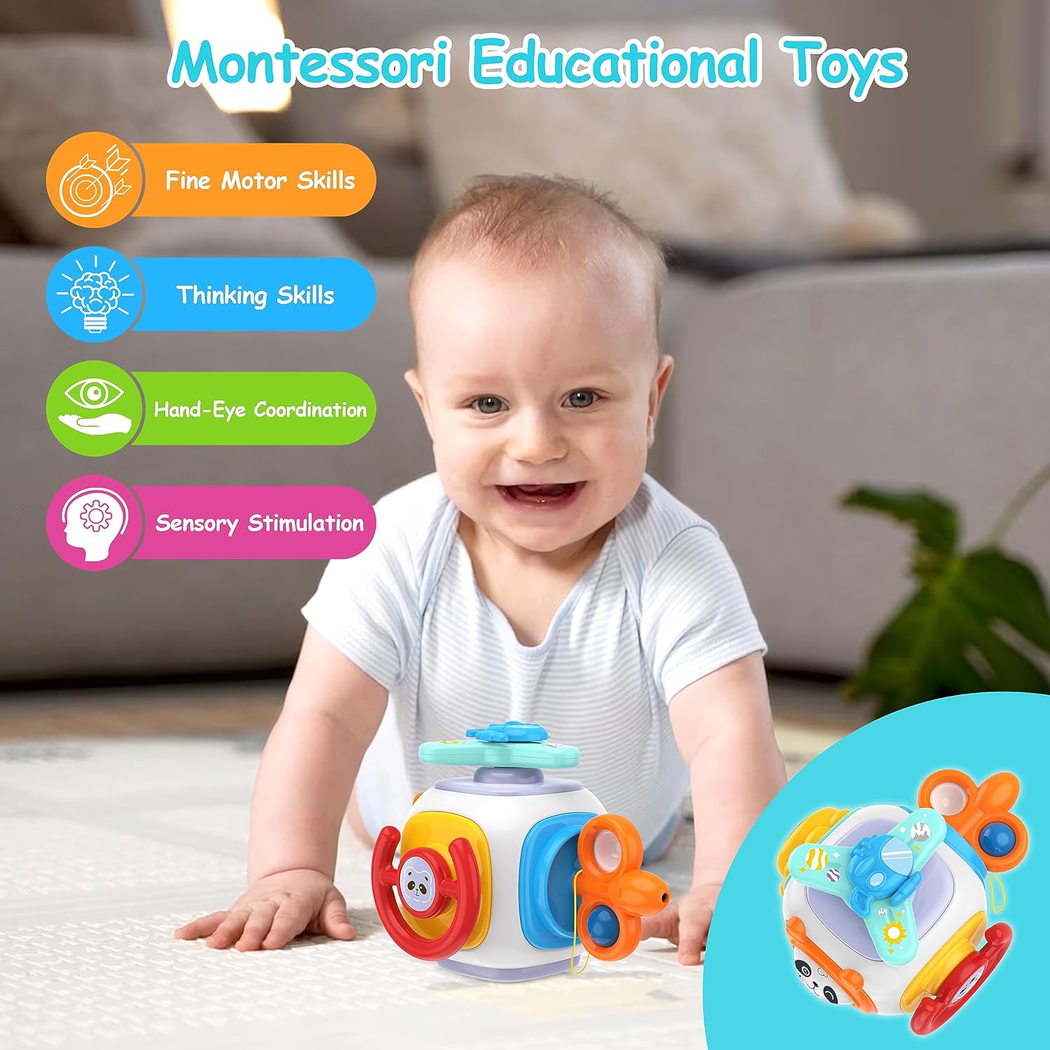 Ouriky 8 in 1 Busy Cube Baby  Toddler Toys, Montessori Sensory Busy Board Travel Toys for Toddlers 1 2 3 Years Old, Educational Learning Fidget Toys 18-36 Month Stocking Stuffers for Kids