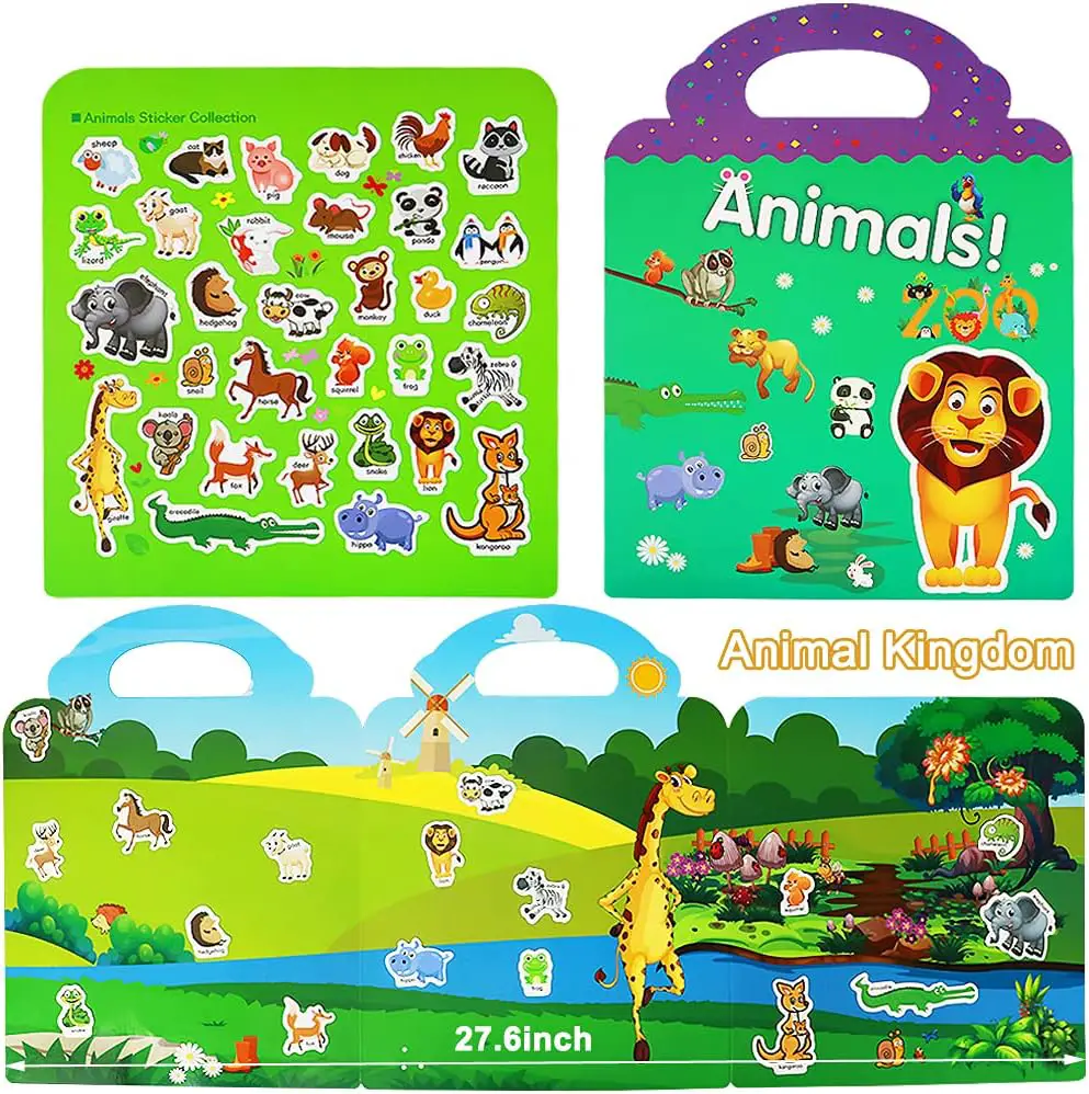 Reusable Sticker Books for Kids, 2 Sets Travel Removable Toddler Sticker Books for 2 3 4 5 Year Old Girls Boys Birthday Gifts Educational Learning Toys for Age 2-4 - Ocean  Zoo Animals