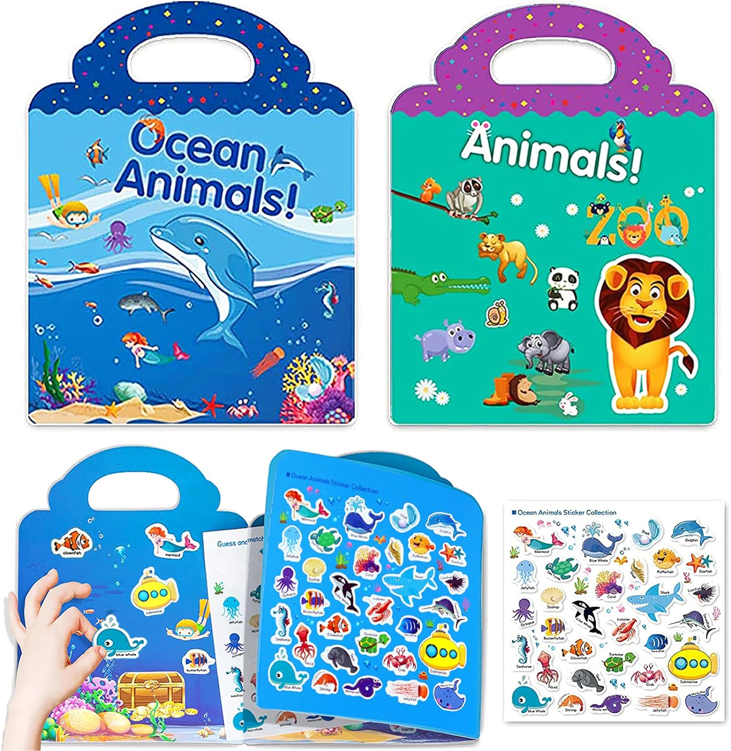 Reusable Sticker Books for Kids, 2 Sets Travel Removable Toddler Sticker Books for 2 3 4 5 Year Old Girls Boys Birthday Gifts Educational Learning Toys for Age 2-4 - Ocean  Zoo Animals
