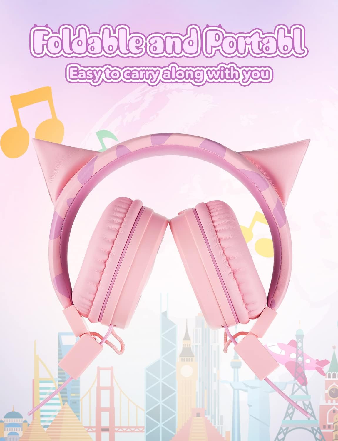 SIMJAR Cat Ear Kids Headphones with Microphone for School, Volume Limiter 85/94dB, Wired Girls Headphones with Foldable Design for Online Learning/Travel/Tablet/iPad (Pink)