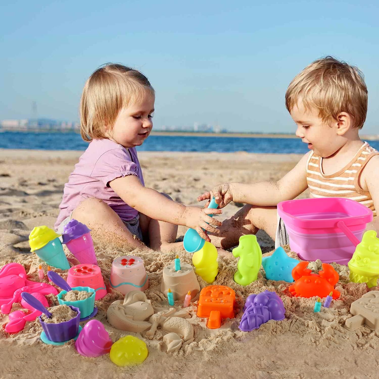 TOY Life Beach Toys Sand Toys for Kids 3-10, 41 Pcs Travel Mermaid Beach Sand Toys for Toddlers 1 3 Girls Collapsible Beach Bucket and Shovels, Ice Cream Sand Molds Toys Mesh Bag Toddler Sandbox Toys