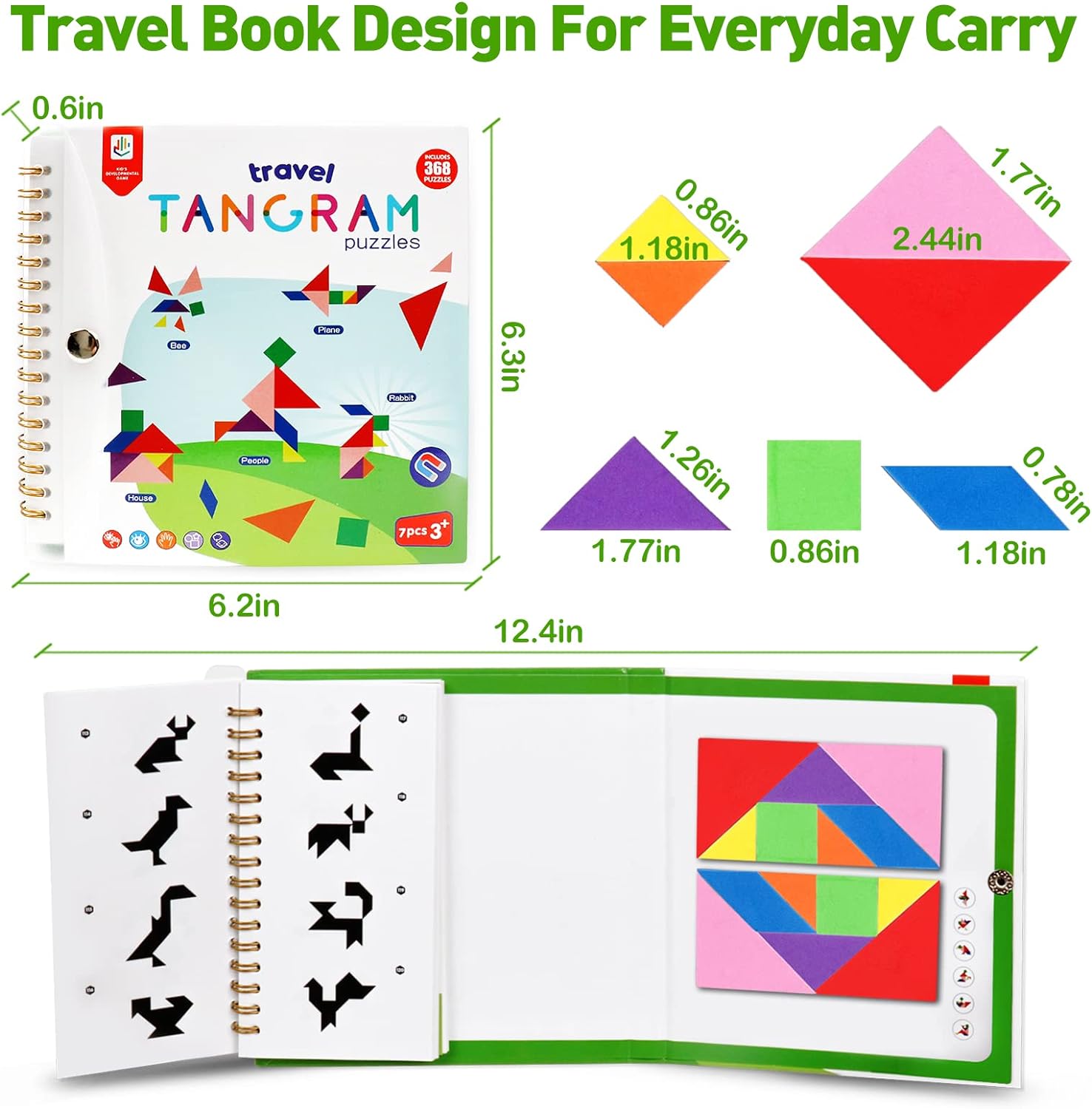 USATDD Travel Tangram Puzzle With 2 Set, Magnetic Pattern Blocks Road Trip Games Educational Jigsaw Challenge Books For Kid Adult Brain Teasers With 368 Solution Montessori Travel Toys For Kids In Car