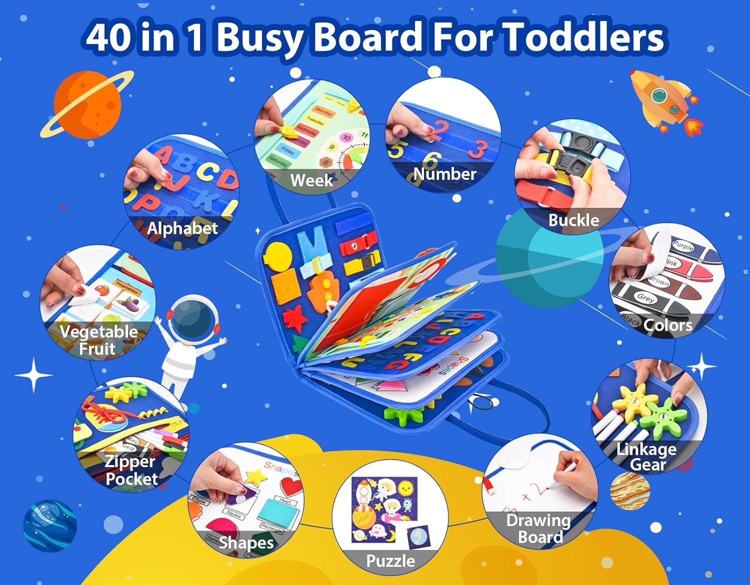 14 Pages Busy Board for Toddlers 2-4,Montessori Travel Toy for Plane/Car,Educational Sensory Toy for Toddlers 1-3,Preschool Activities Board for Developing Fine Motor Skills,Gift for Boys/Girls