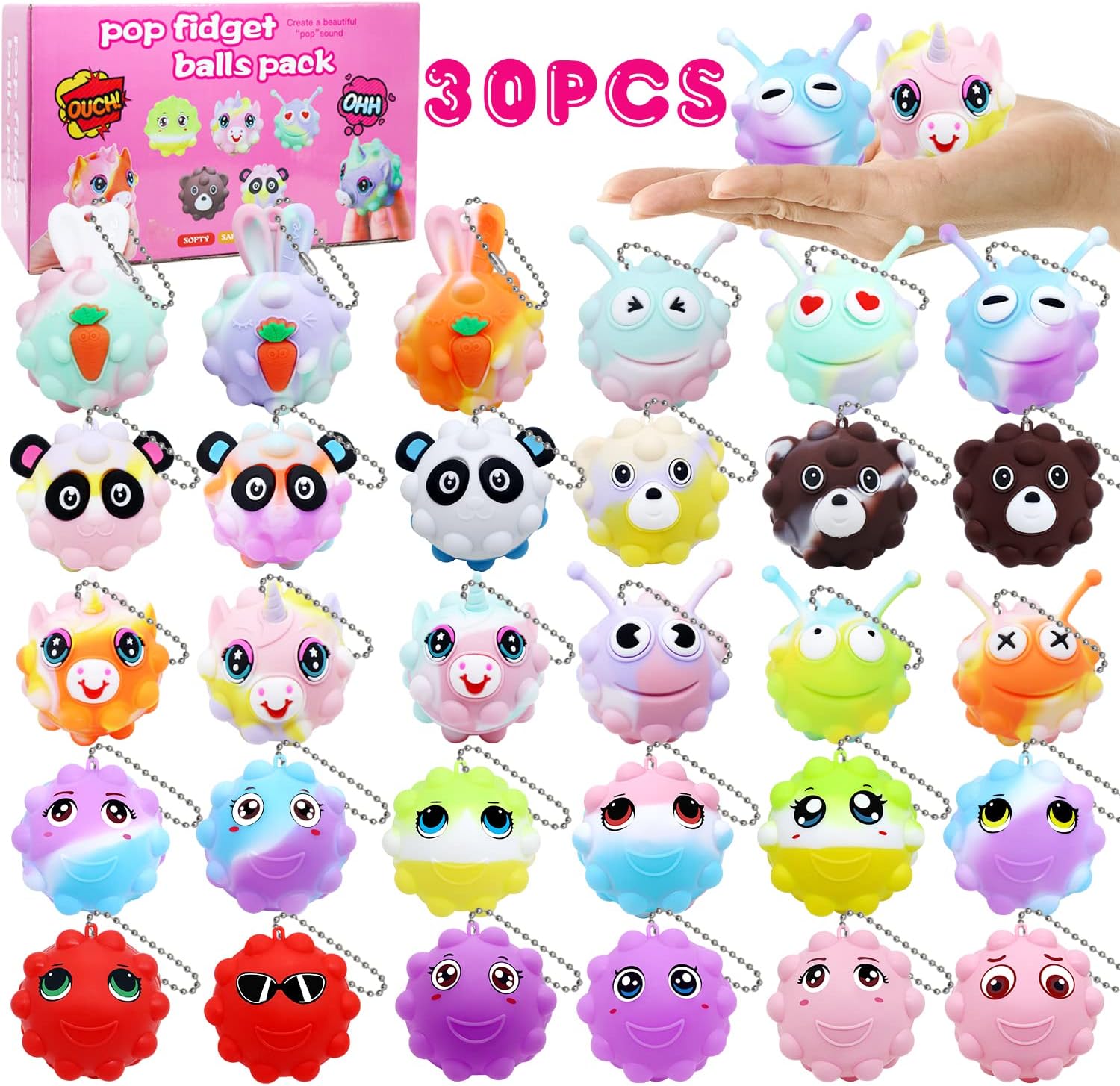 30 Pack Animal Pop Balls Party Favors for Kids,3D Pop Balls Its Fidget Toys,Birthday Gifts for Boys  Girls,Goodie Bag Stuffers,Pinata Stuffers Filler,Carnival Prizes,Treasure Box Toys,Kids Prizes