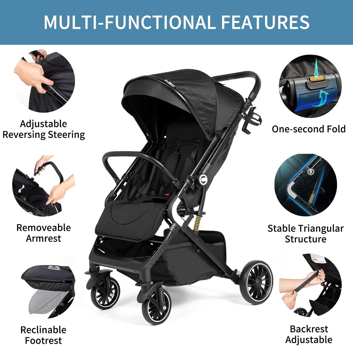 AODI Lightweight Reversible Baby Stroller, Infant Toddler Stroller, One Hand Easy Folding Compact Travel Stroller with Cup Holder  Oversize Basket, Sleep Shade for Airplane Travel and More