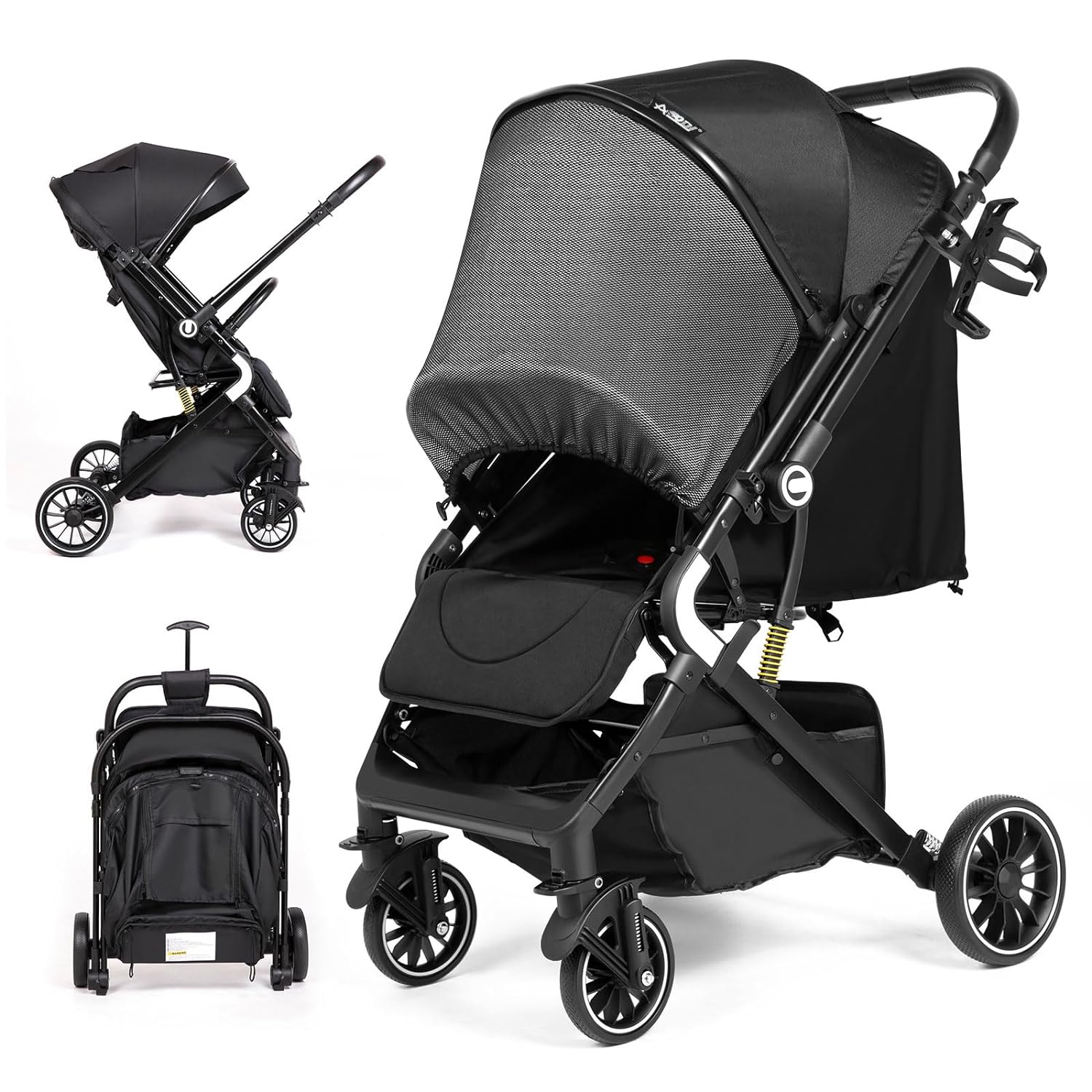 AODI Lightweight Reversible Baby Stroller, Infant Toddler Stroller, One Hand Easy Folding Compact Travel Stroller with Cup Holder  Oversize Basket, Sleep Shade for Airplane Travel and More