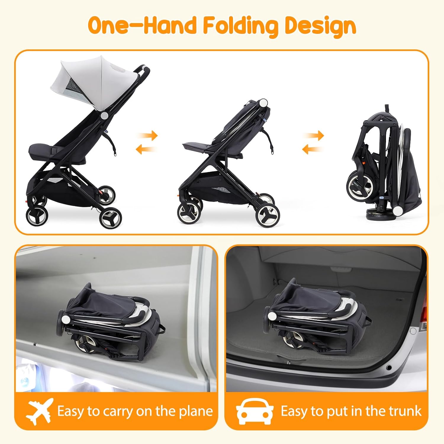 Babevy Lightweight Baby Stroller, Compact Umbrella Stroller with Adjustable Canopy/Footrest/Backrest, One-Hand Folding Newborn Infant Stroller for Airplane Friendly(Grey)