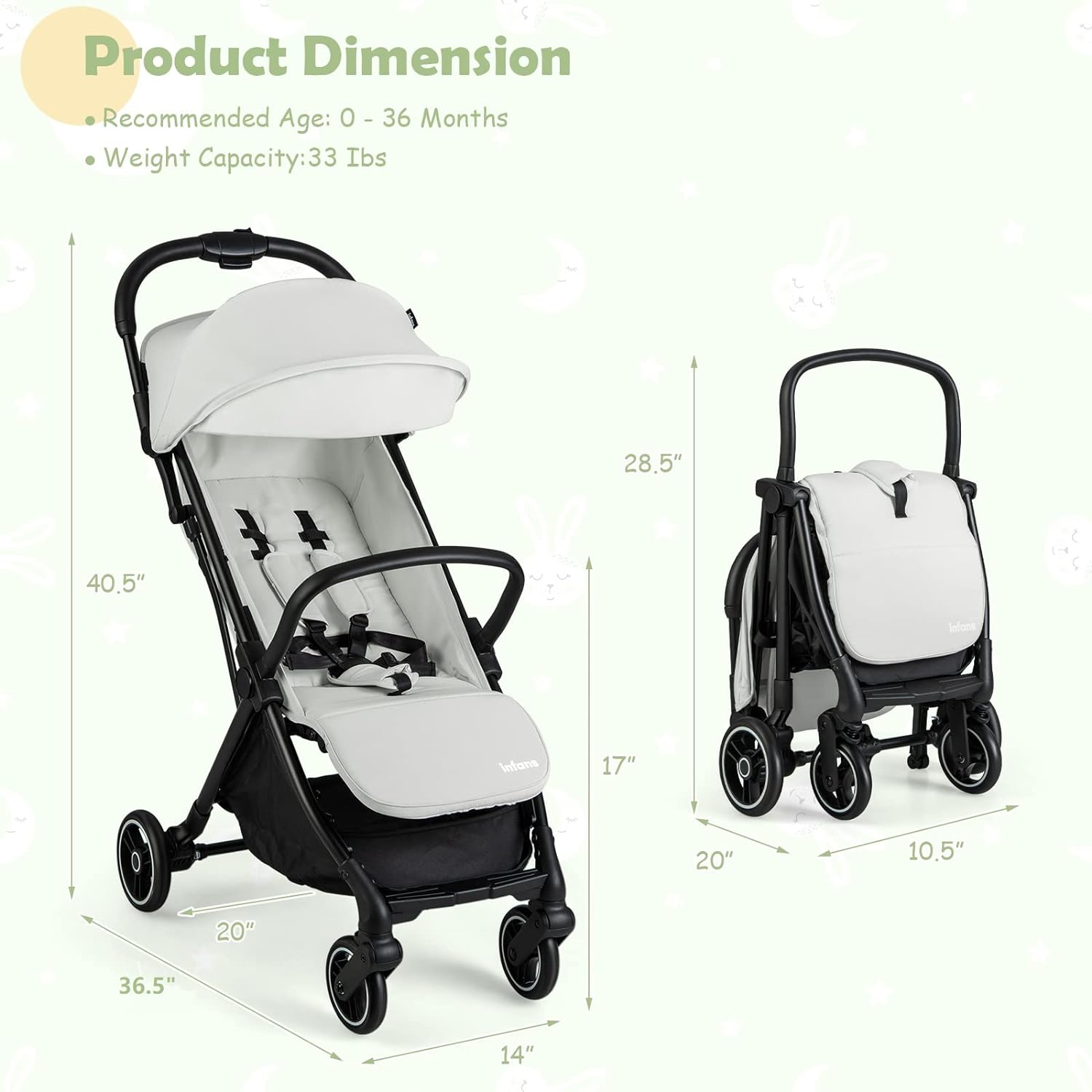 INFANS Lightweight Baby Stroller, One-Hand Gravity Fold, Compact Travel Stroller for Airplane with Aluminium Frame, Adjustable Backrest and Canopy, Foldable Infant Toddler Stroller for 0-36 Month