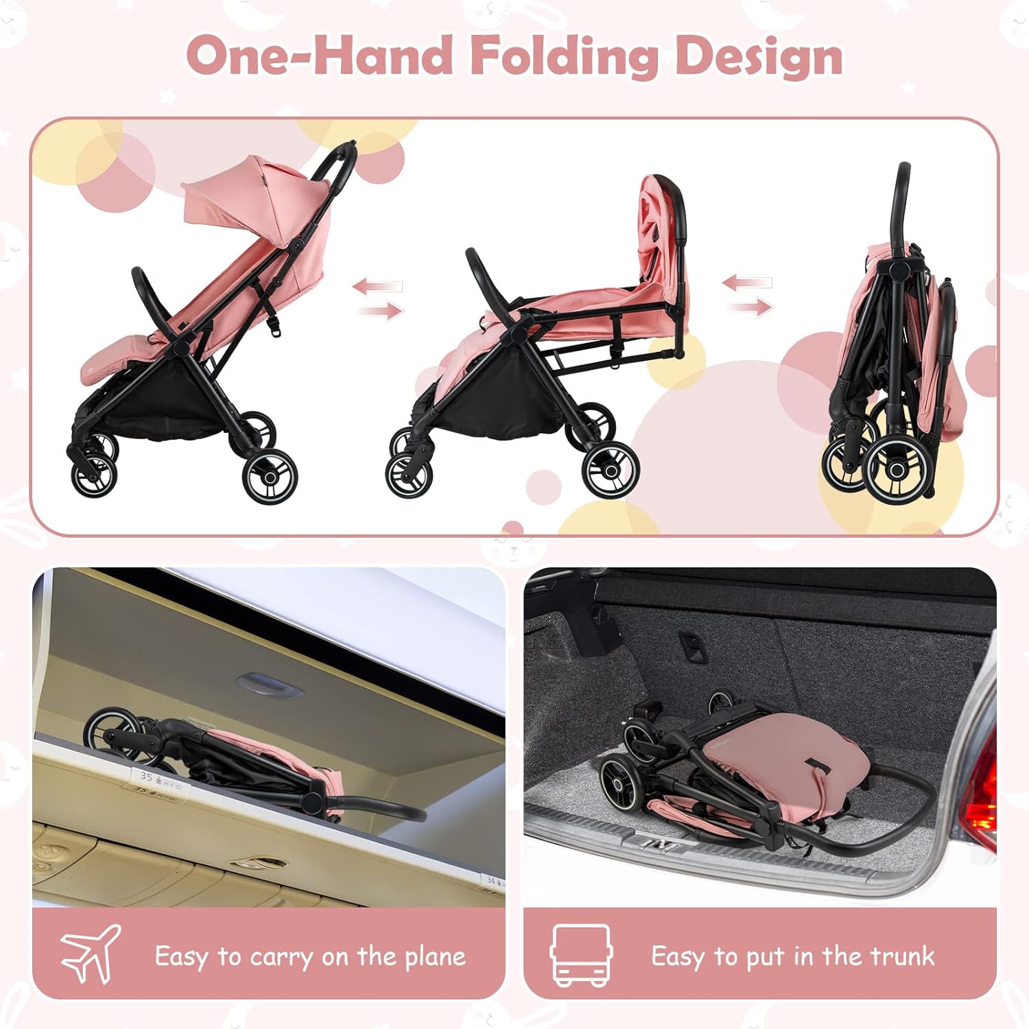 INFANS Lightweight Baby Stroller, One-Hand Gravity Fold, Compact Travel Stroller for Airplane with Aluminium Frame, Adjustable Backrest and Canopy, Foldable Infant Toddler Stroller for 0-36 Month