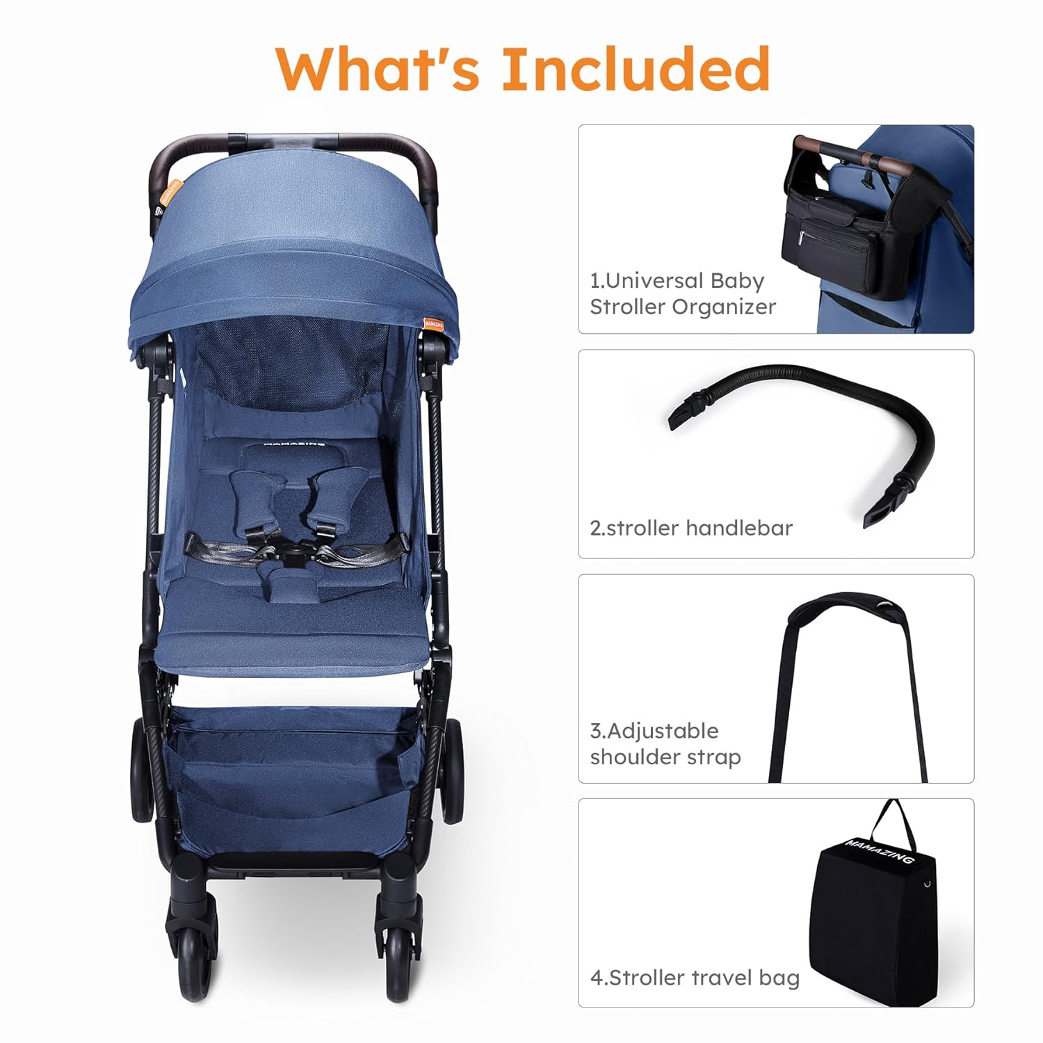 MAMAZING Lightweight Baby Stroller with Organizer, Ultra Compact  Airplane-Friendly Travel Stroller, One-Handed Folding Stroller for Toddler, Only 11.5 lbs, Blue