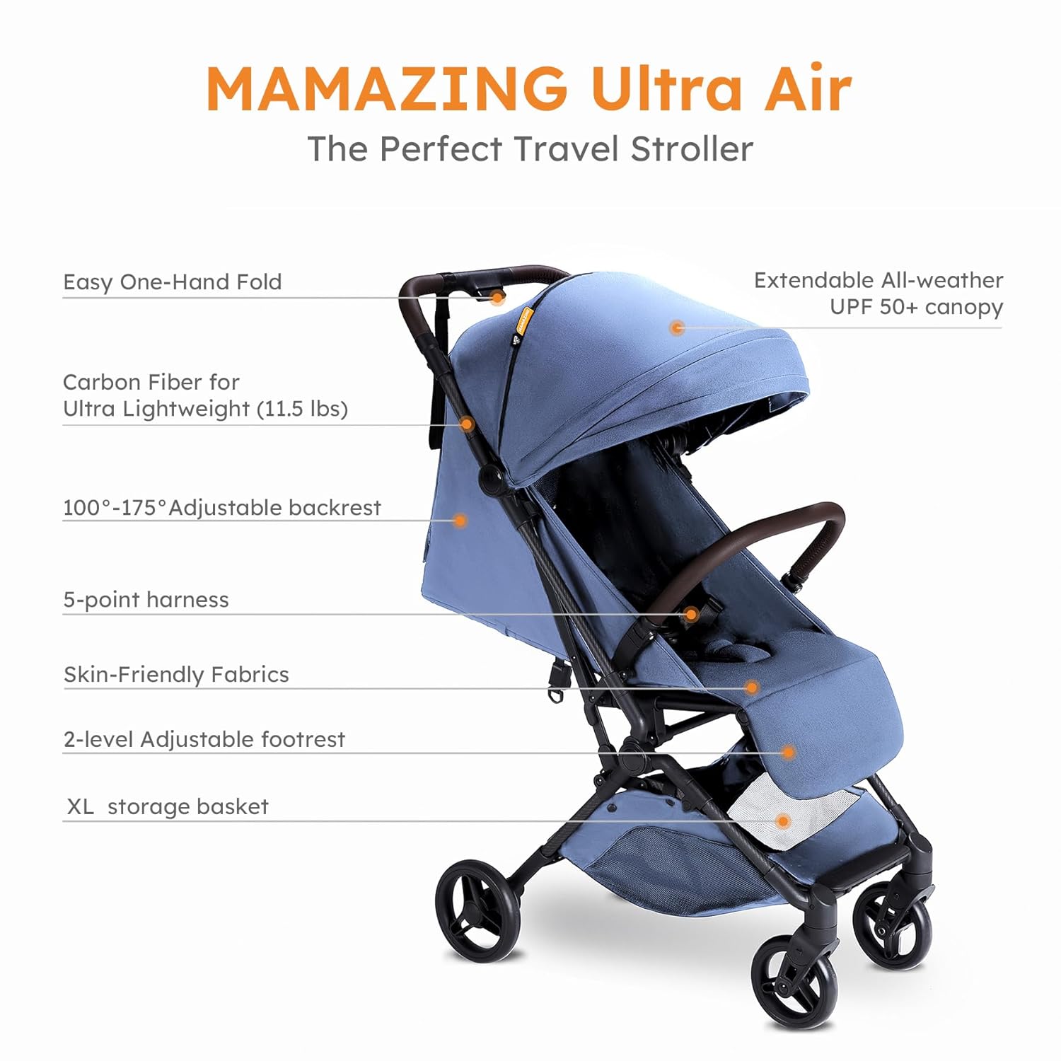 MAMAZING Lightweight Baby Stroller with Organizer, Ultra Compact  Airplane-Friendly Travel Stroller, One-Handed Folding Stroller for Toddler, Only 11.5 lbs, Blue