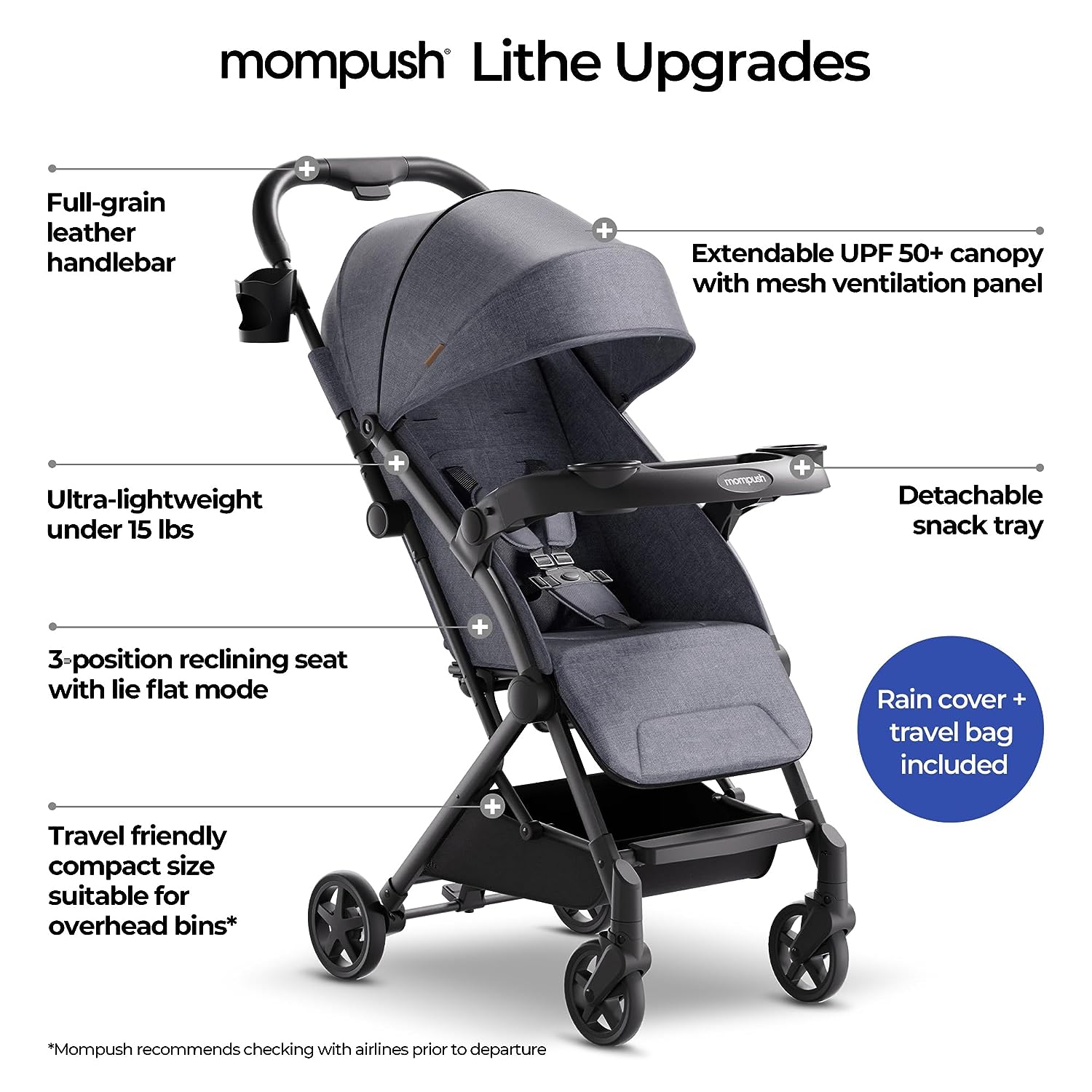 Mompush Lithe V2 Lightweight Stroller + Snack Tray, Ultra-Compact Fold  Airplane Ready Travel Stroller, Near Flat Recline Seat, Cup Holder, Raincover  Travelbag Included
