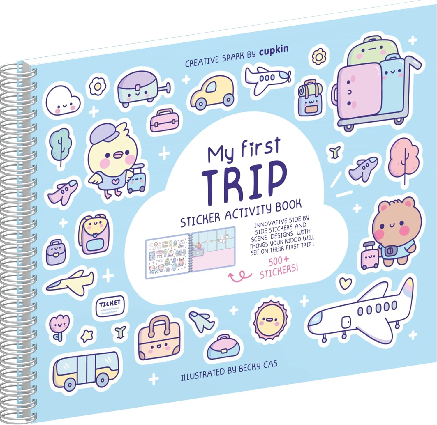 My First Trip Sticker + Coloring Book (500+ Stickers  12 Scenes) by Cupkin - Side by Side Activity Book Design - Fun Toddler Travel Essential Sticker Books for Kids 2-4 - Great for Older Boys  Girls