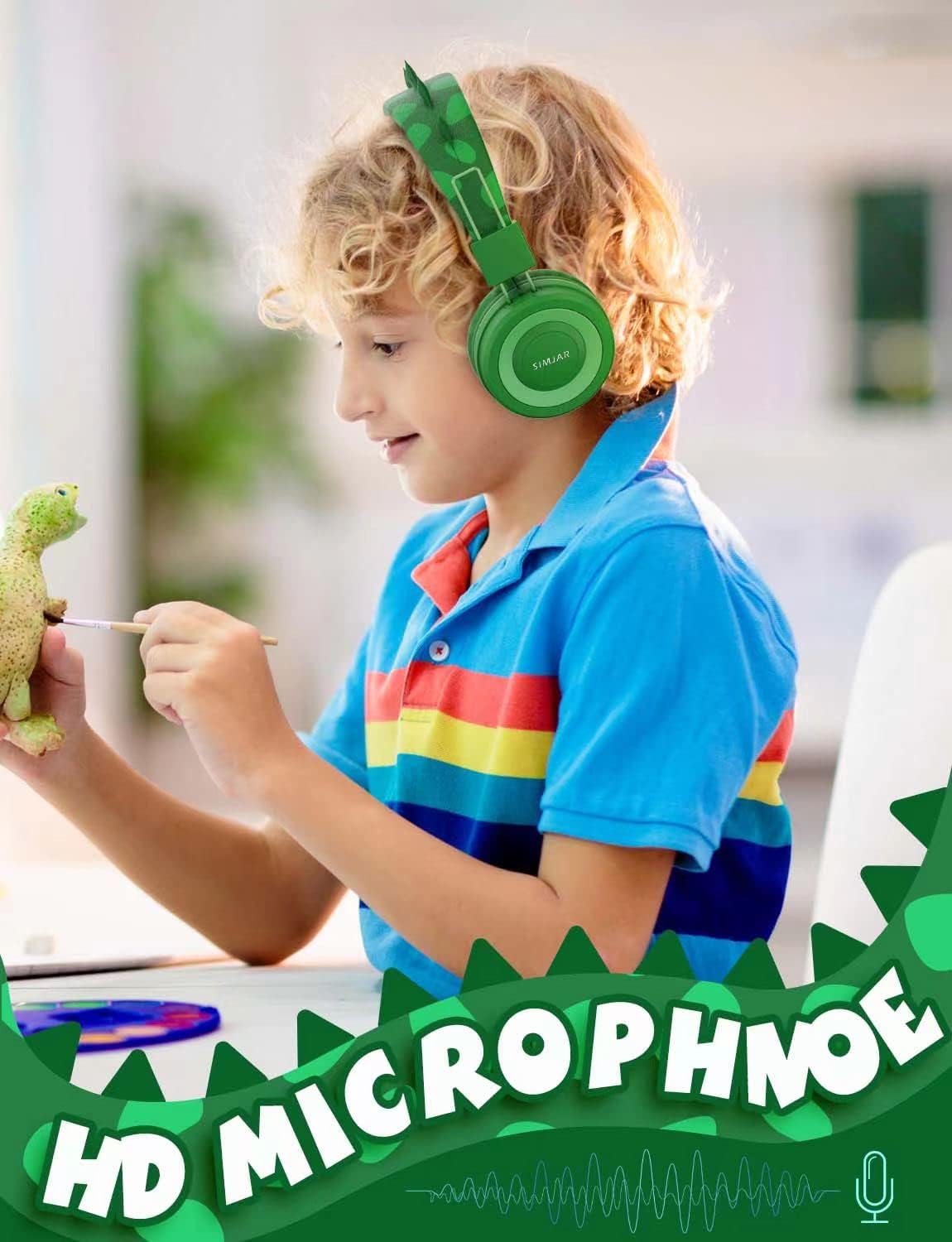 SIMJAR Dinosaur Kids Headphones with Microphone for School, Volume Limiter 85/94dB, Over-Ear Girls Boys Headphones for Kids with Foldable Wired Headphones for iPad/Travel/Tablet