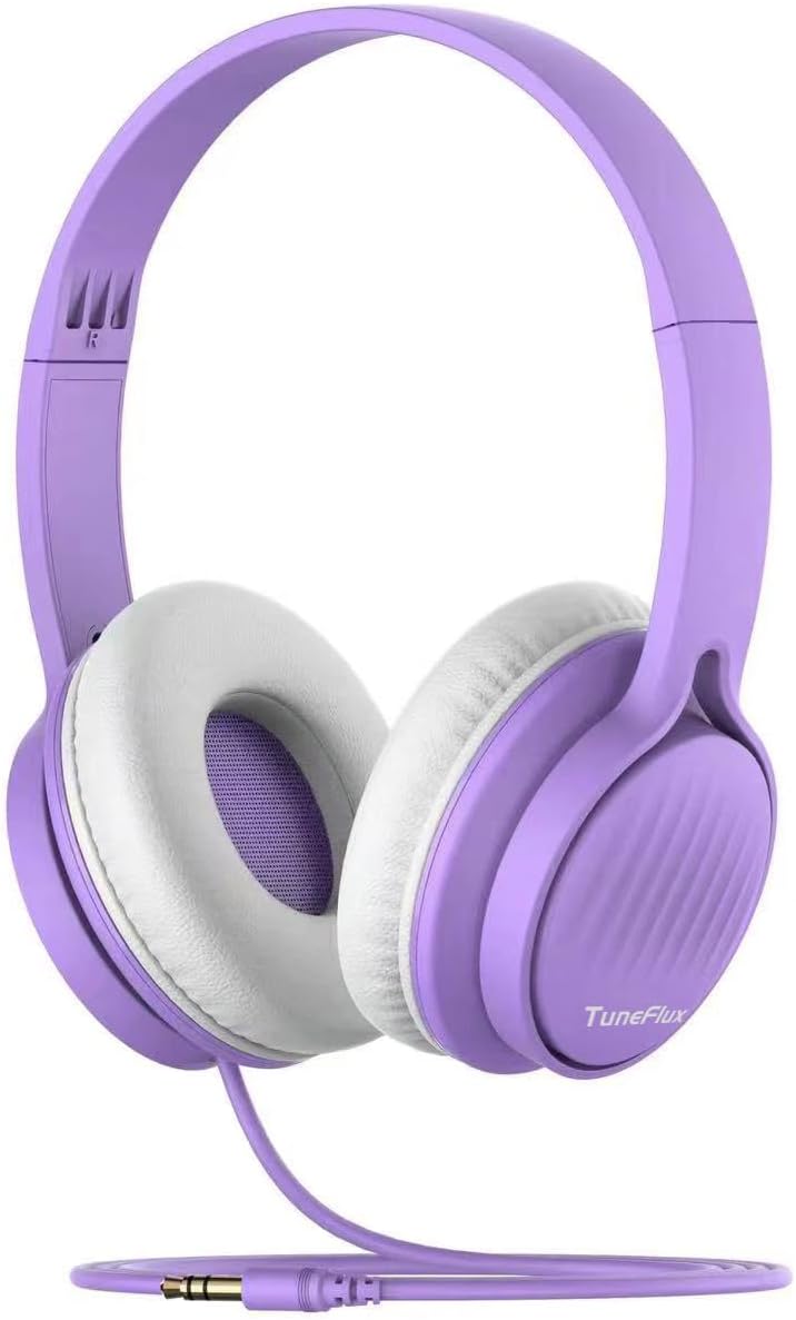 TuneFlux Kids Headphones, Toddler Headphones with Safe Volume Limiter 85dB, Wired School Headphones for Kids with Adjustable and Flexible Design for Boys and Girls-Purple
